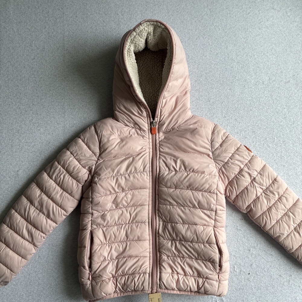 Save The Duck Kids Hooded Puffer Jacket Size 6 Pink Faux Fur Sherpa Lined Winter